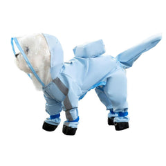 Impermeable para perros azul con cobertura total y capucha para días lluviosos.
