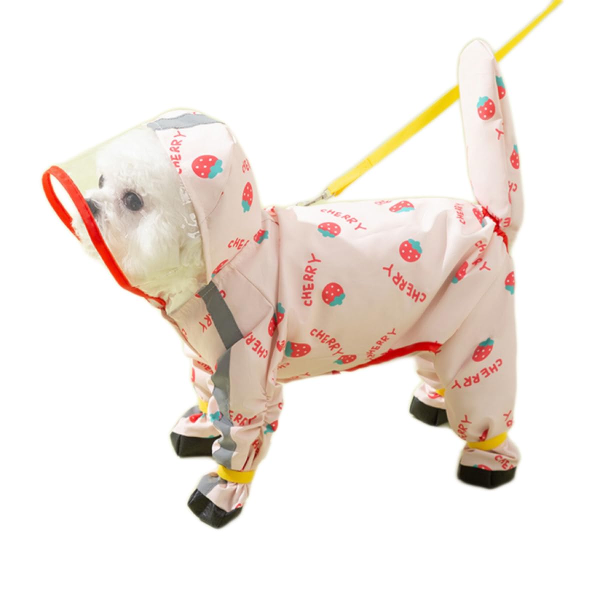 Abrigo impermeable para perros con cobertura total y capucha en color fresa que mantiene seco.