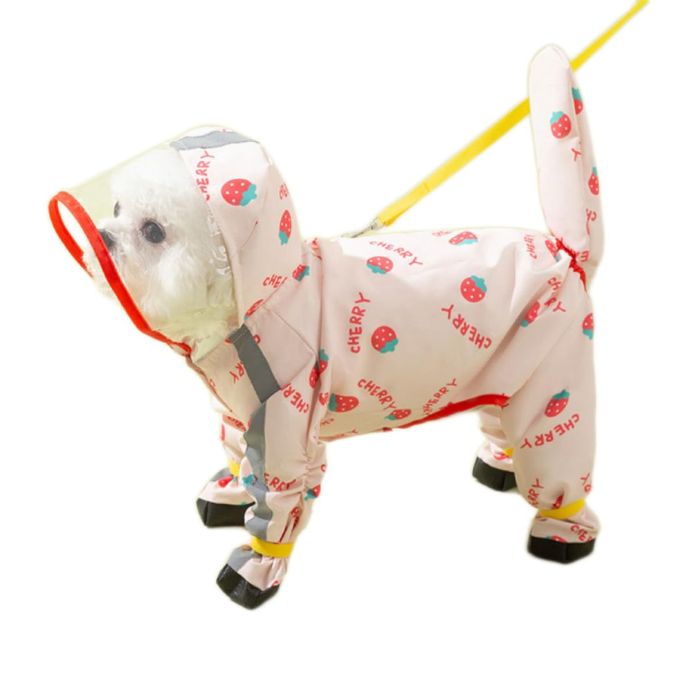 Abrigo impermeable para perros con cobertura total y capucha en color fresa que mantiene seco.