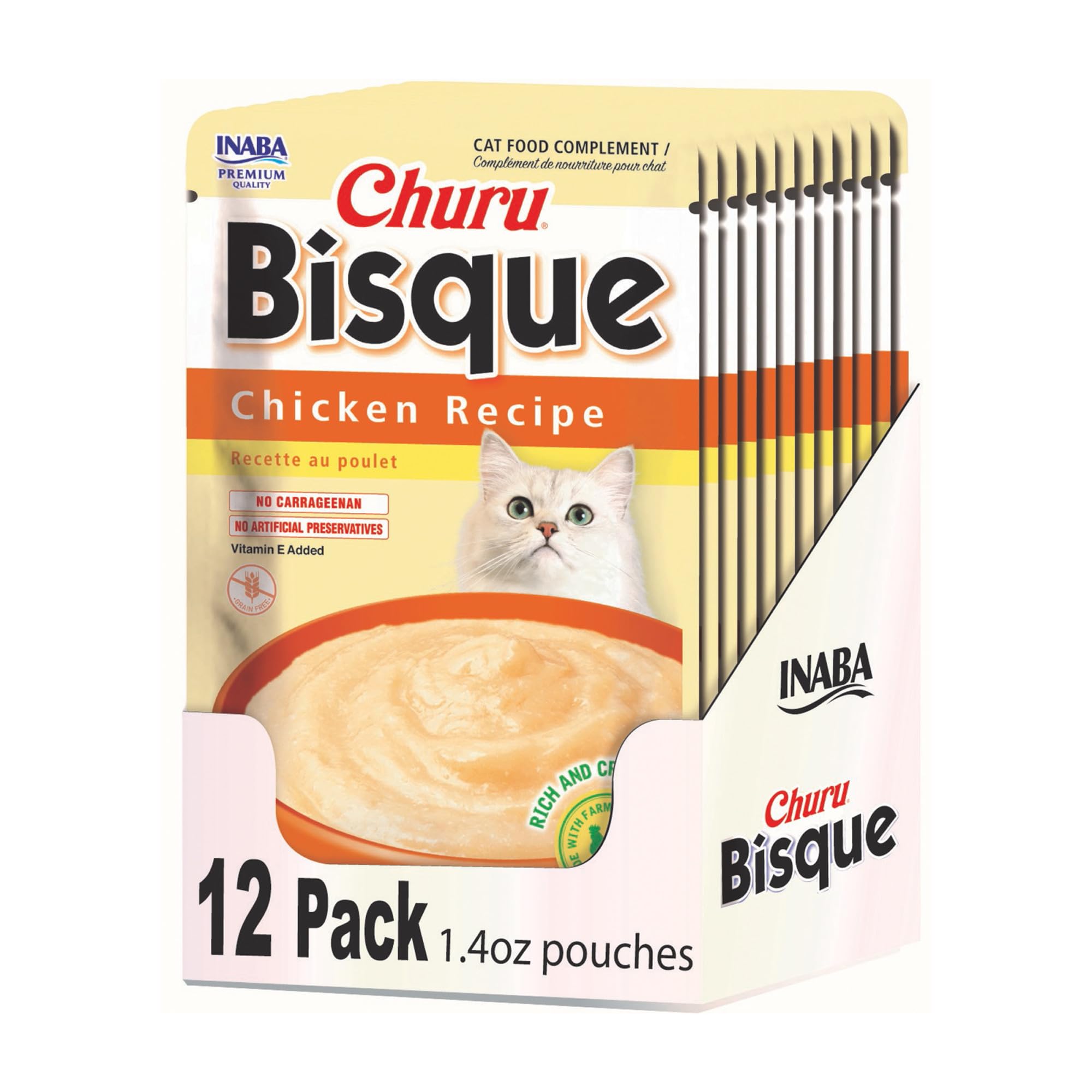 INABA Churu Bisque para gatos, puré cremoso en bolsa de pollo, ideal como topper sabroso