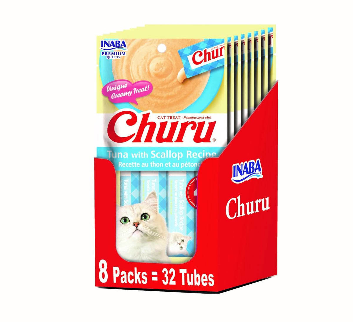 INABA Churu, tubo de atún con vieira, snack sabroso con alta humedad.
