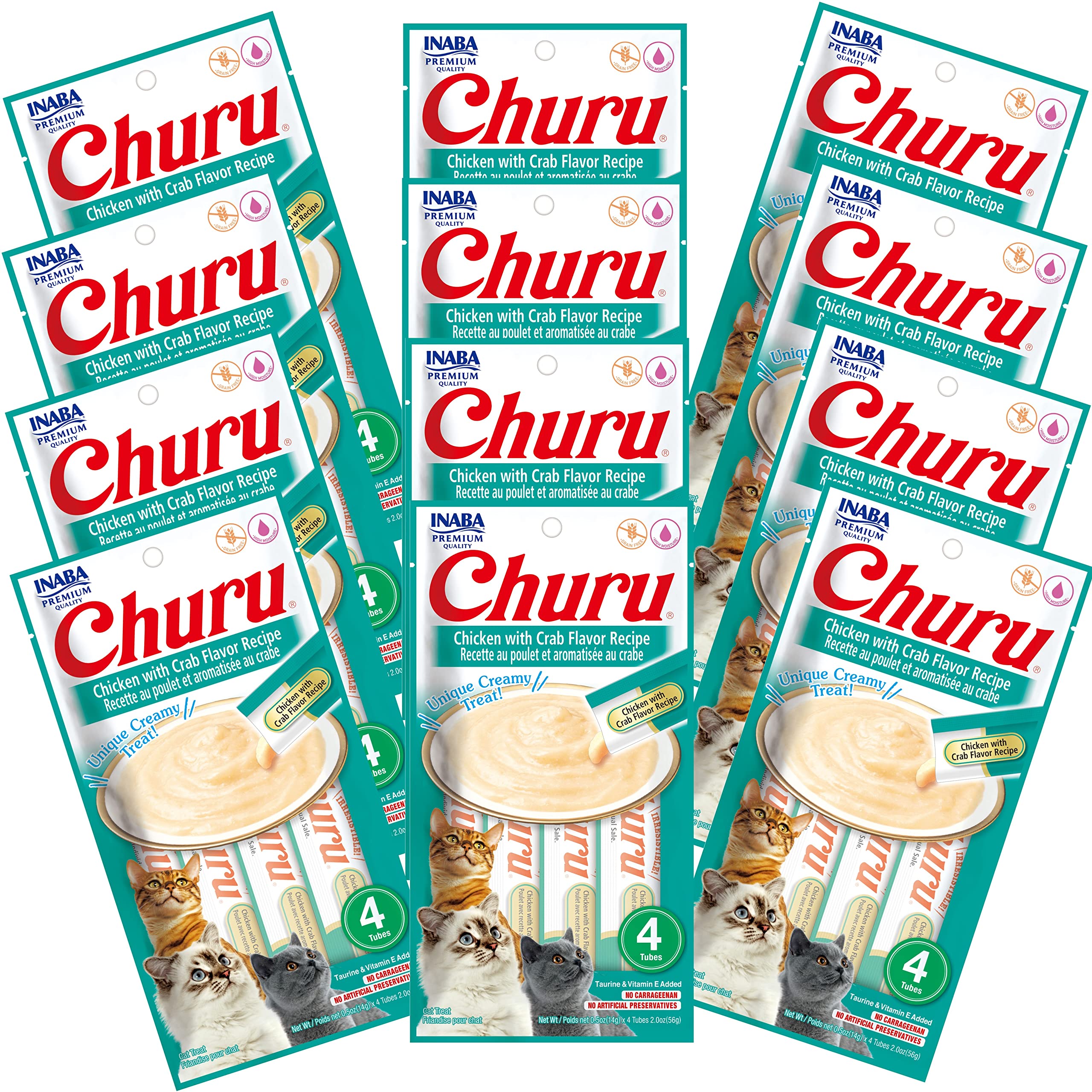 INABA Churu tubo crema pollo con cangrejo para gatos brinda hidratación y sabor.
