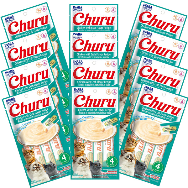 INABA Churu tubo crema pollo con cangrejo para gatos brinda hidratación y sabor.