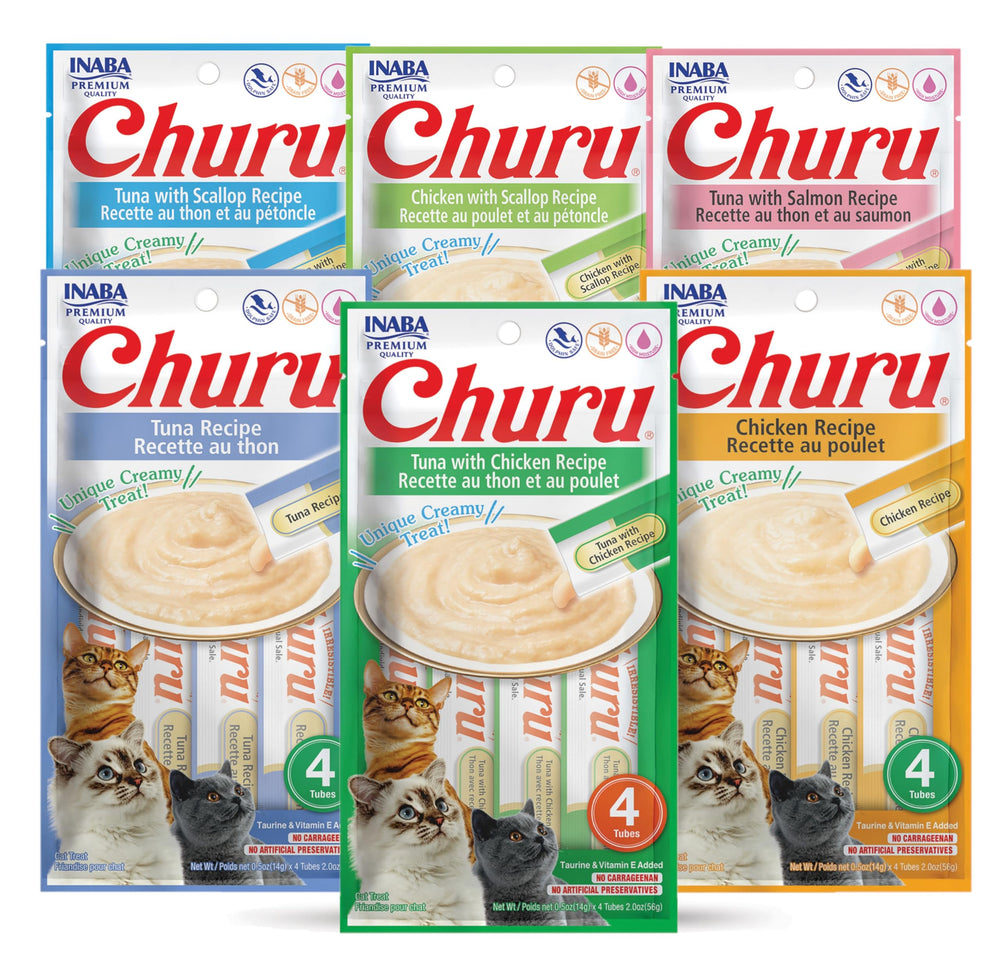 INABA Churu tubo puré húmedo para gatos, perfecto para alimentar a mano.