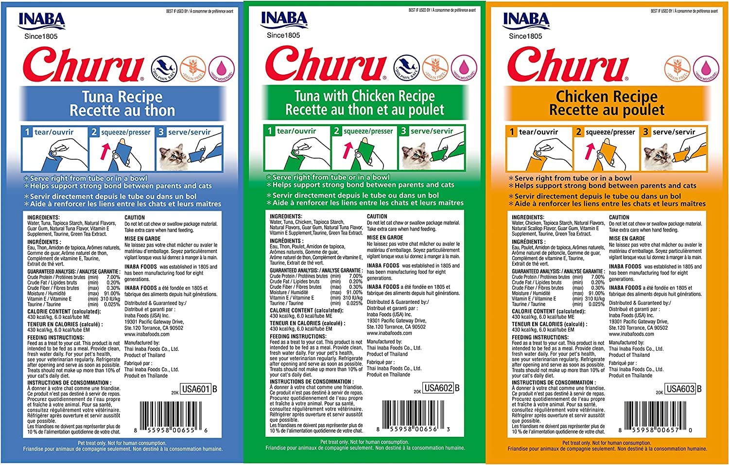 Pack de tres sabores de INABA Churu en 24 tubos para variedad de gustos felinos.