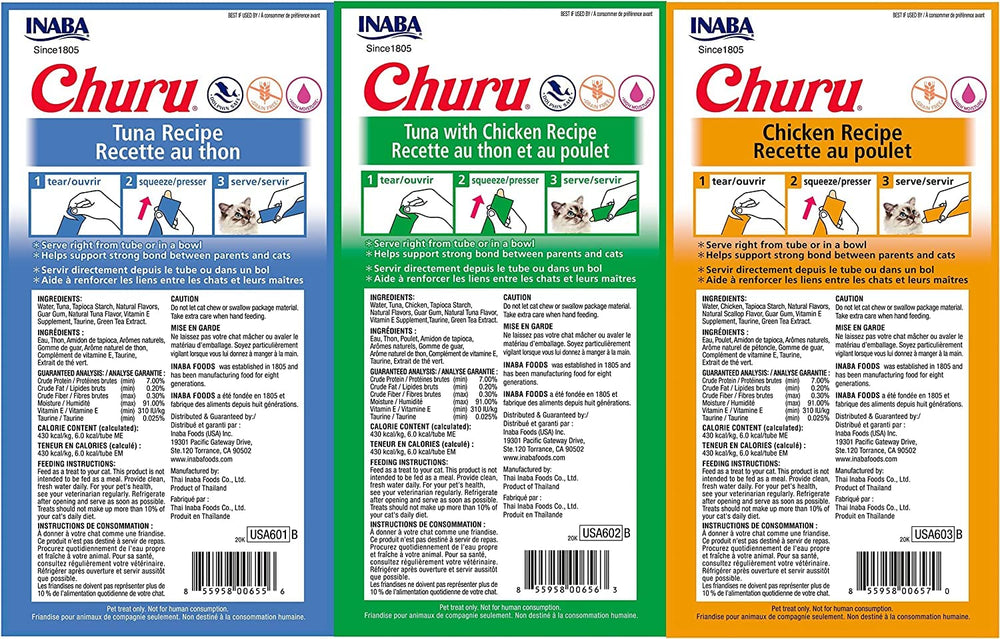 Pack de tres sabores de INABA Churu en 24 tubos para variedad de gustos felinos.