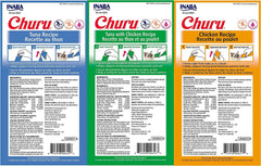 Pack de tres sabores de INABA Churu en 24 tubos para variedad de gustos felinos.