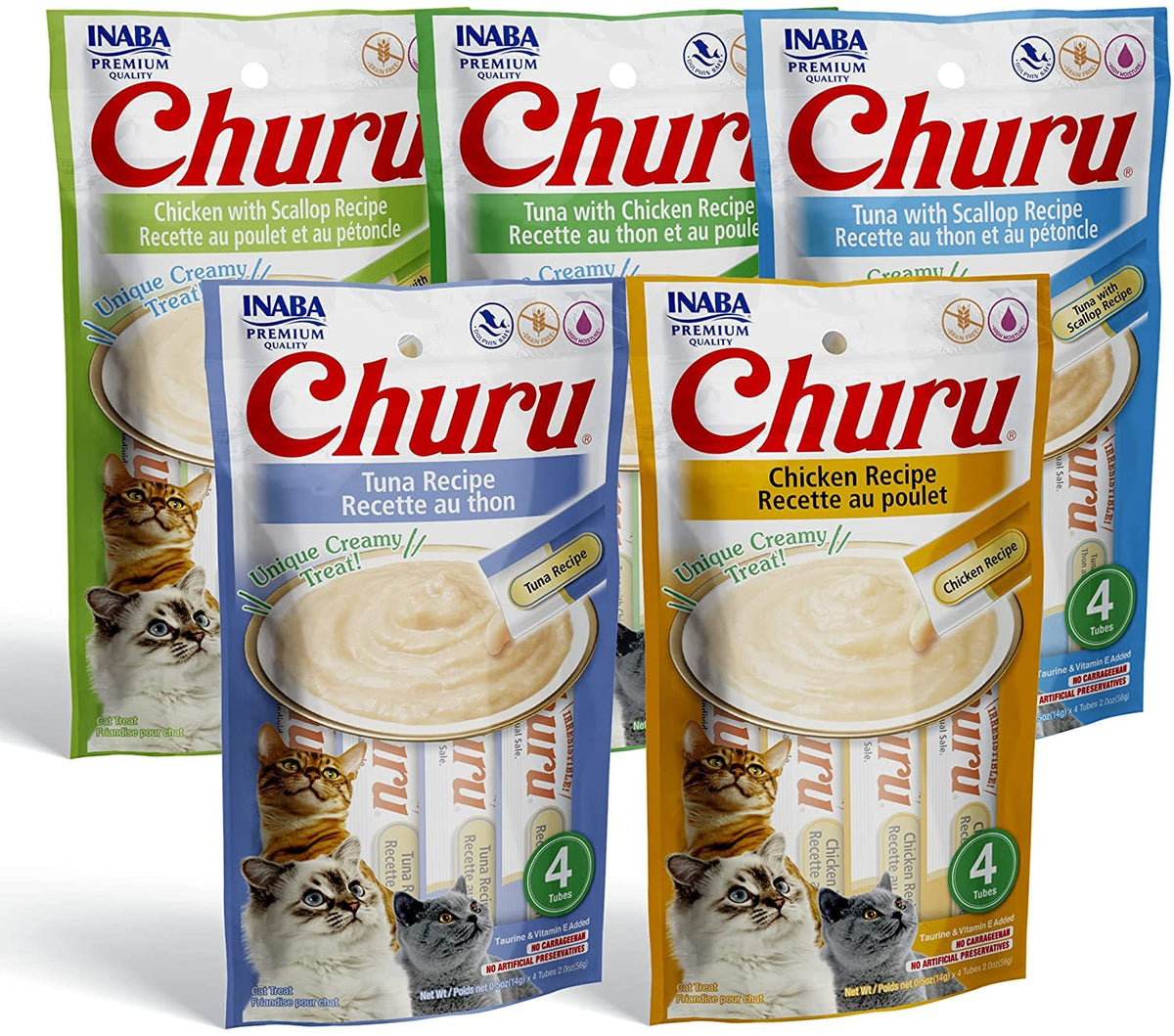 INABA Churu: variedad de 5 sabores en tubos, premio sabroso para gatitos curiosos