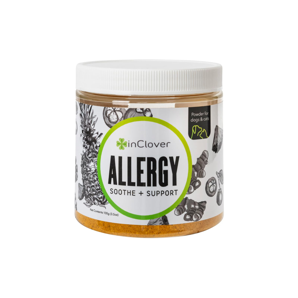 InClover alivio de alergia para perros y gatos en polvo, fácil de usar.