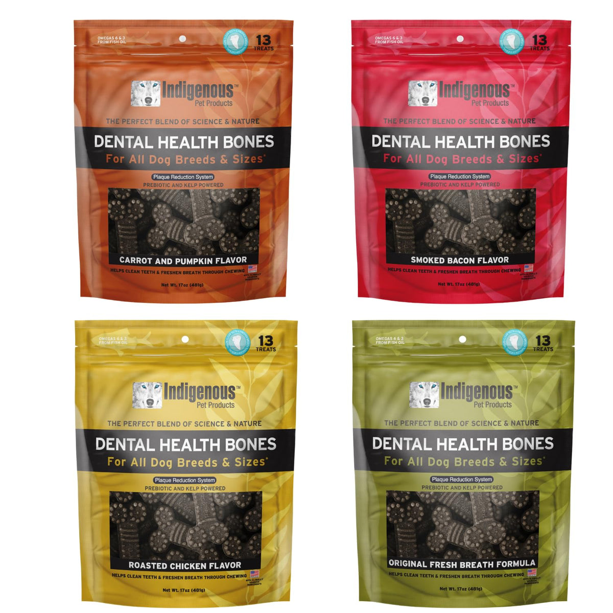 Indigenous huesos dentales sabor tocino para perros, apoyo digestivo y limpieza bucal.