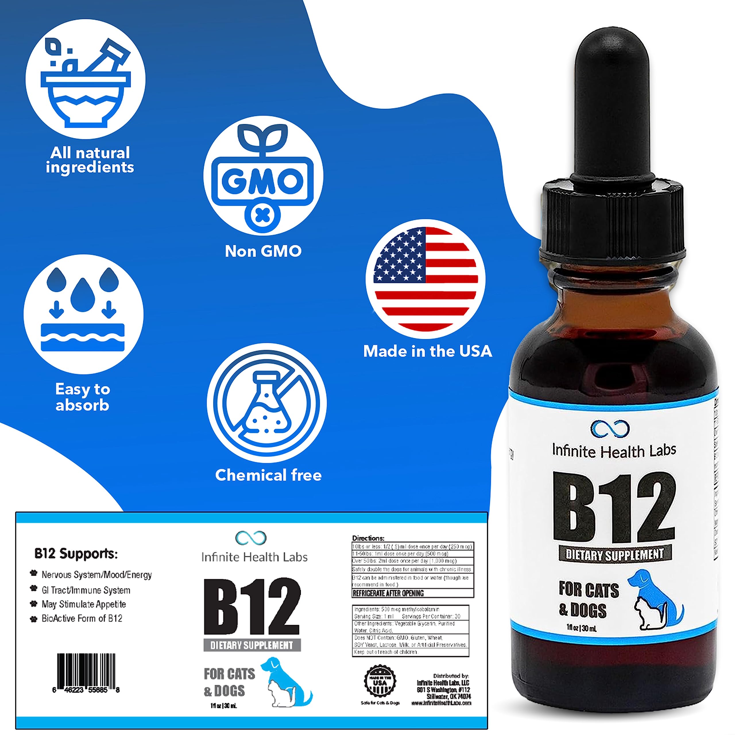 Infinite Health Labs metilcobalamina biodisponible en formato líquido para mascotas