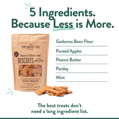Portland Pet Food Company ingredientes clave galletas manzana-menta, opción sin granos.