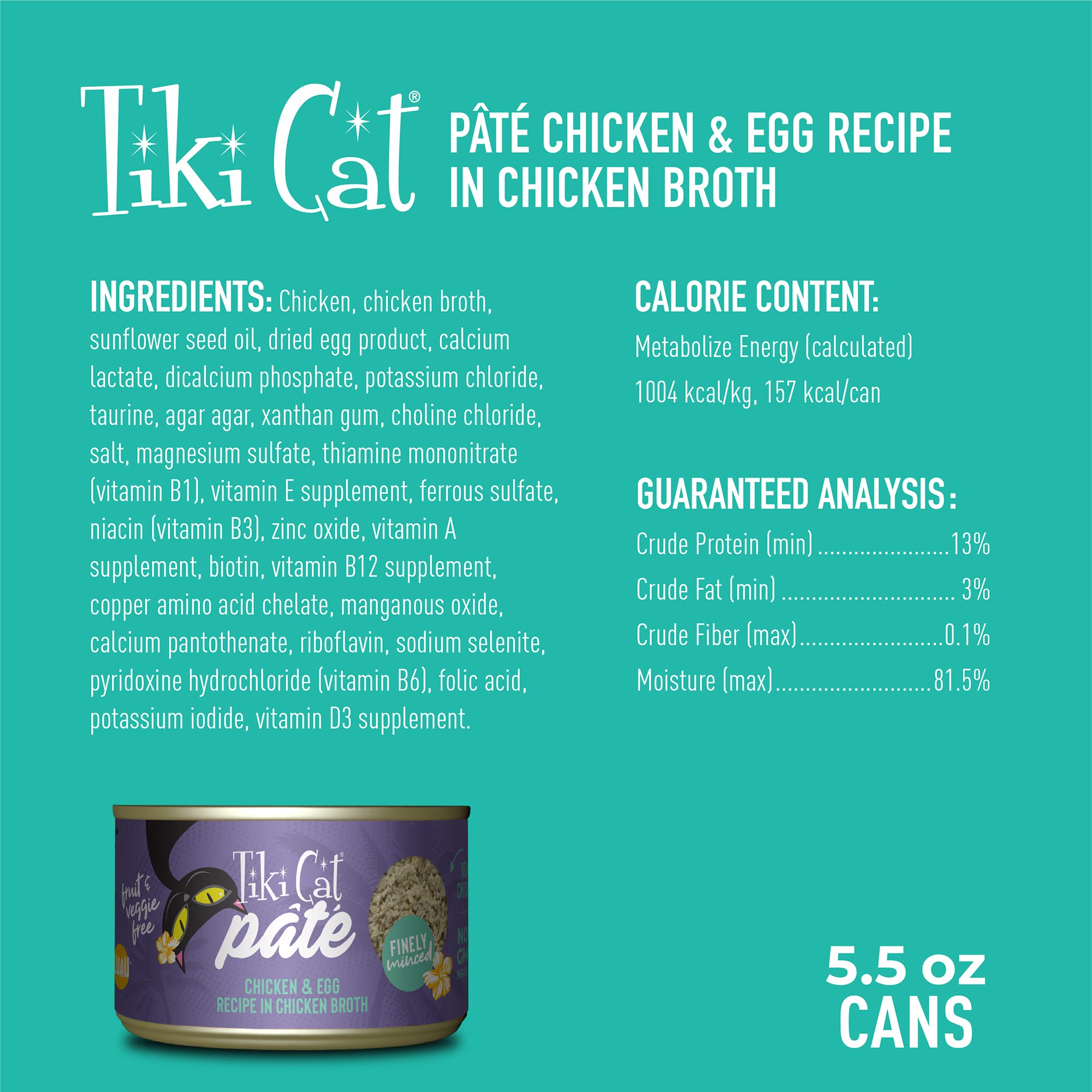 Ingredientes libres de OGM y granos en Tiki Cat Luau Pâté.