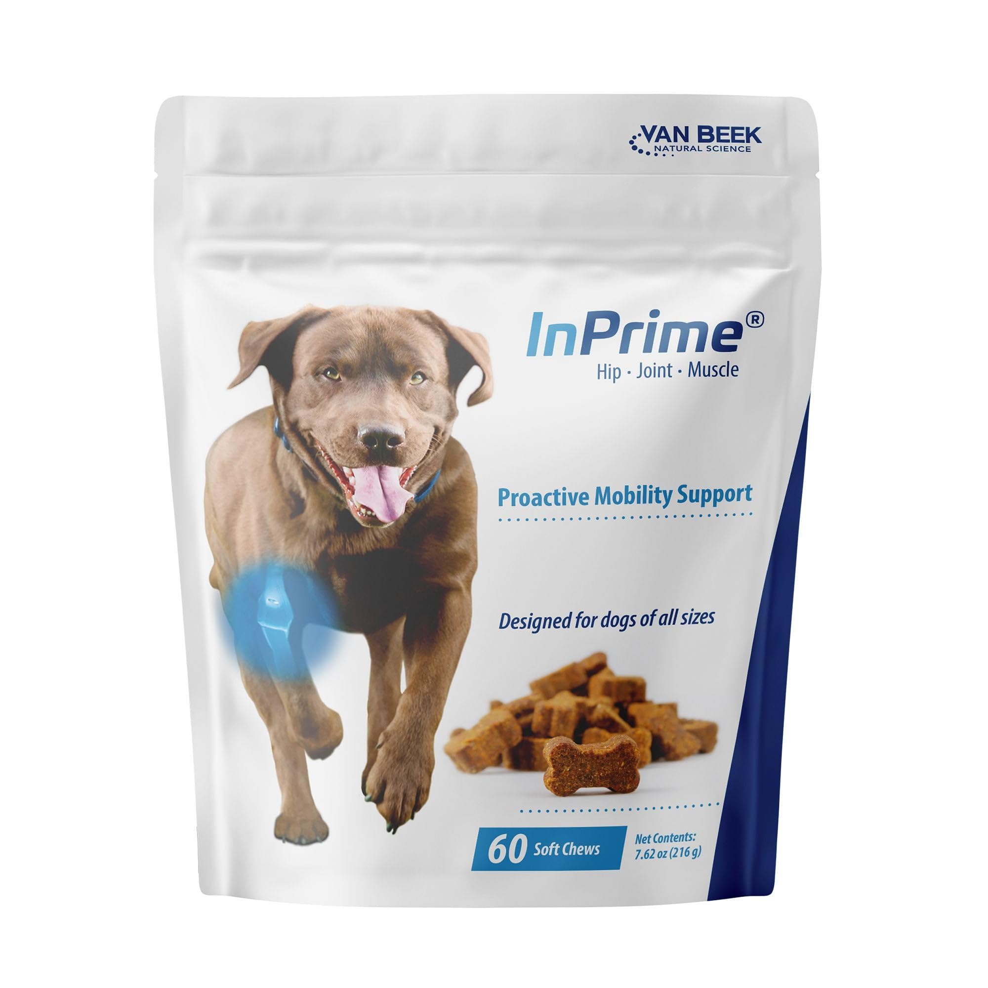 InPrime gomitas blandas para perros, enfoque en cadera y articulaciones, apoyo a la movilidad.