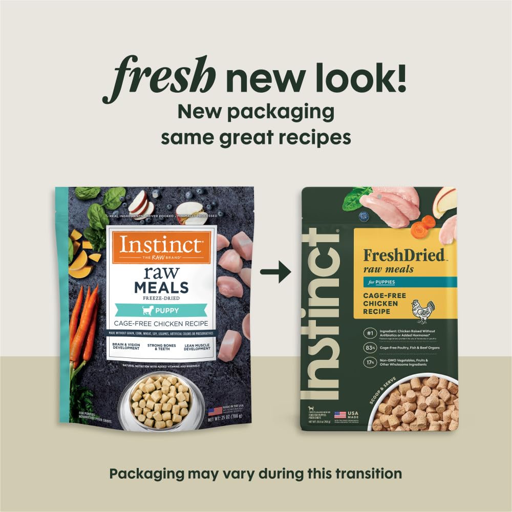 Instinct Puppy bolsa trasera muestra ingredientes y nutrición clave para cachorros.