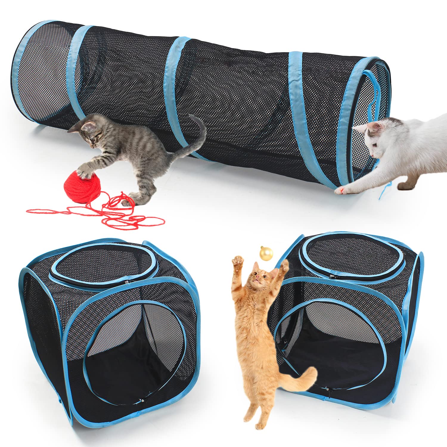 INTURN túnel para gatos junto a dos cubos, estimula exploración.