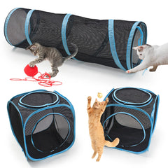 INTURN túnel para gatos junto a dos cubos, estimula exploración.