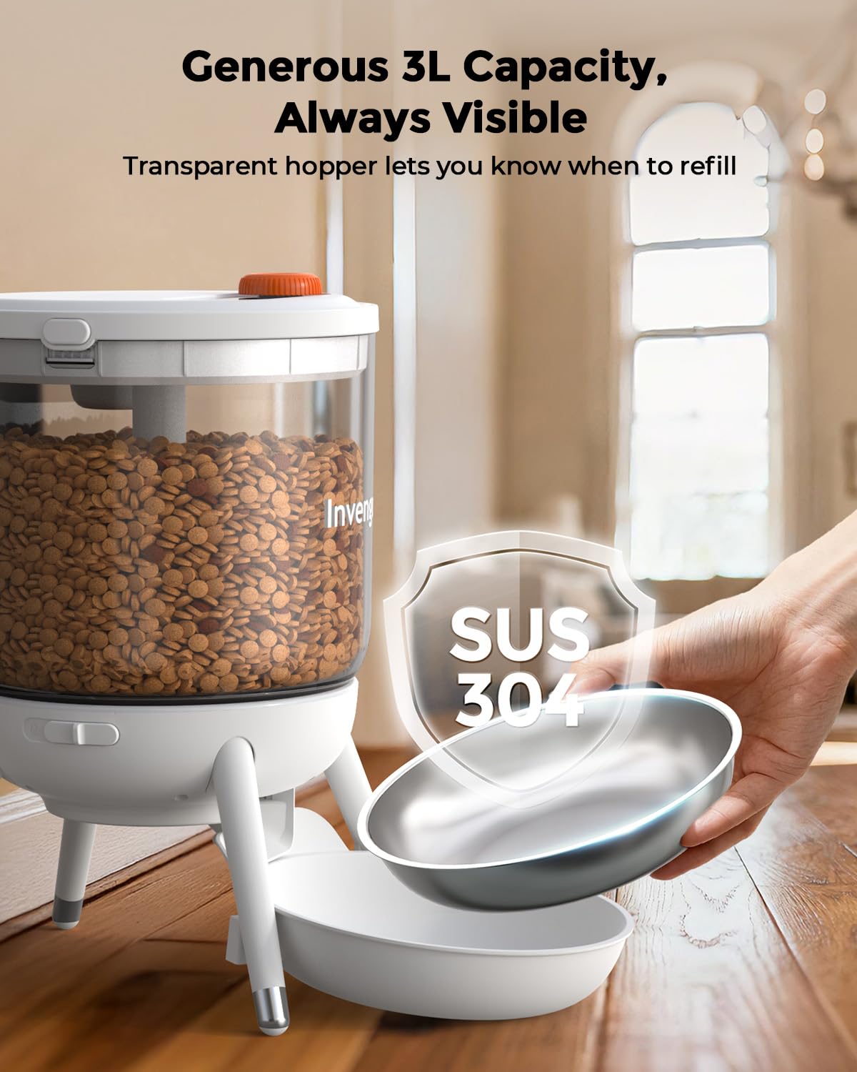 Invengo tolva de visión clara para comprobar el nivel de alimento.