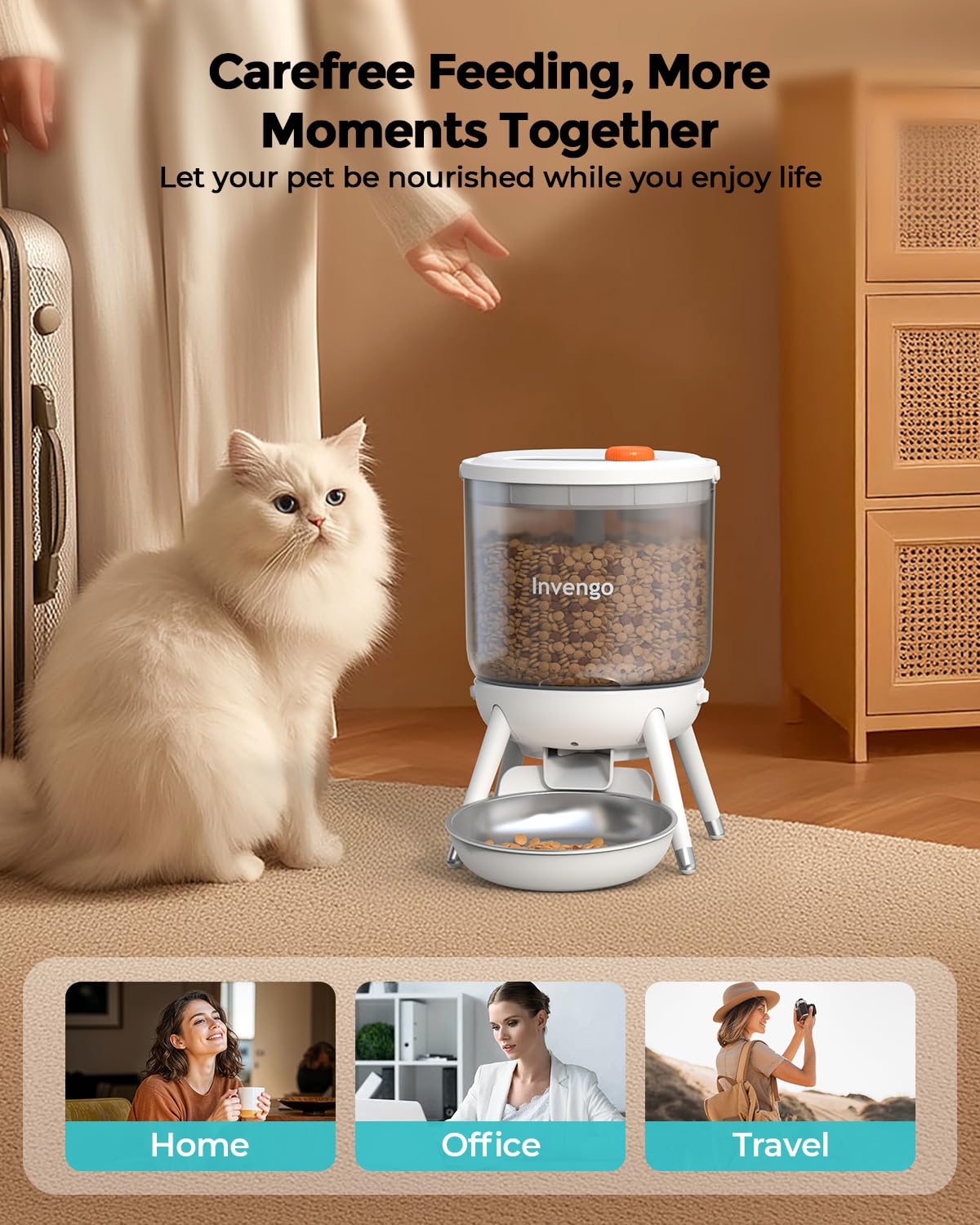 Invengo alimentador multi-mascotas ideal para hogares con gatos y perros pequeños.
