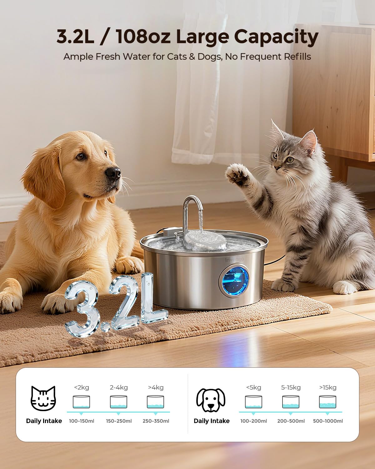 Invengo fuente silenciosa para gatos con flujo suave, ideal para mascotas sensibles.
