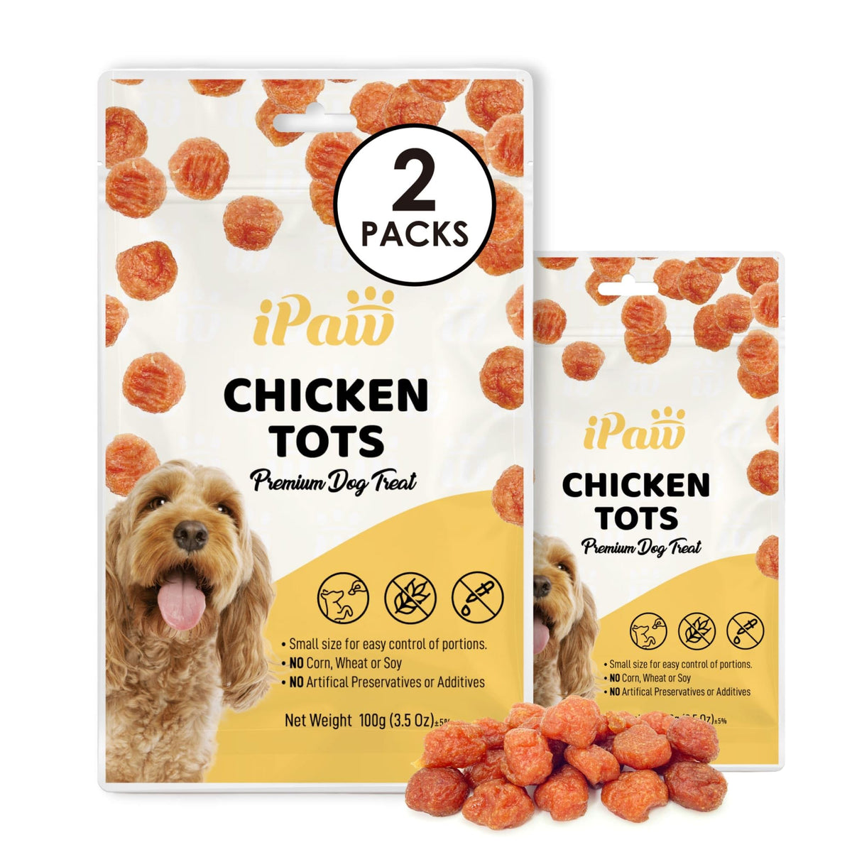 iPaw Tots de Pollo, premio de entrenamiento, sabor irresistible para reforzar conductas positivas.