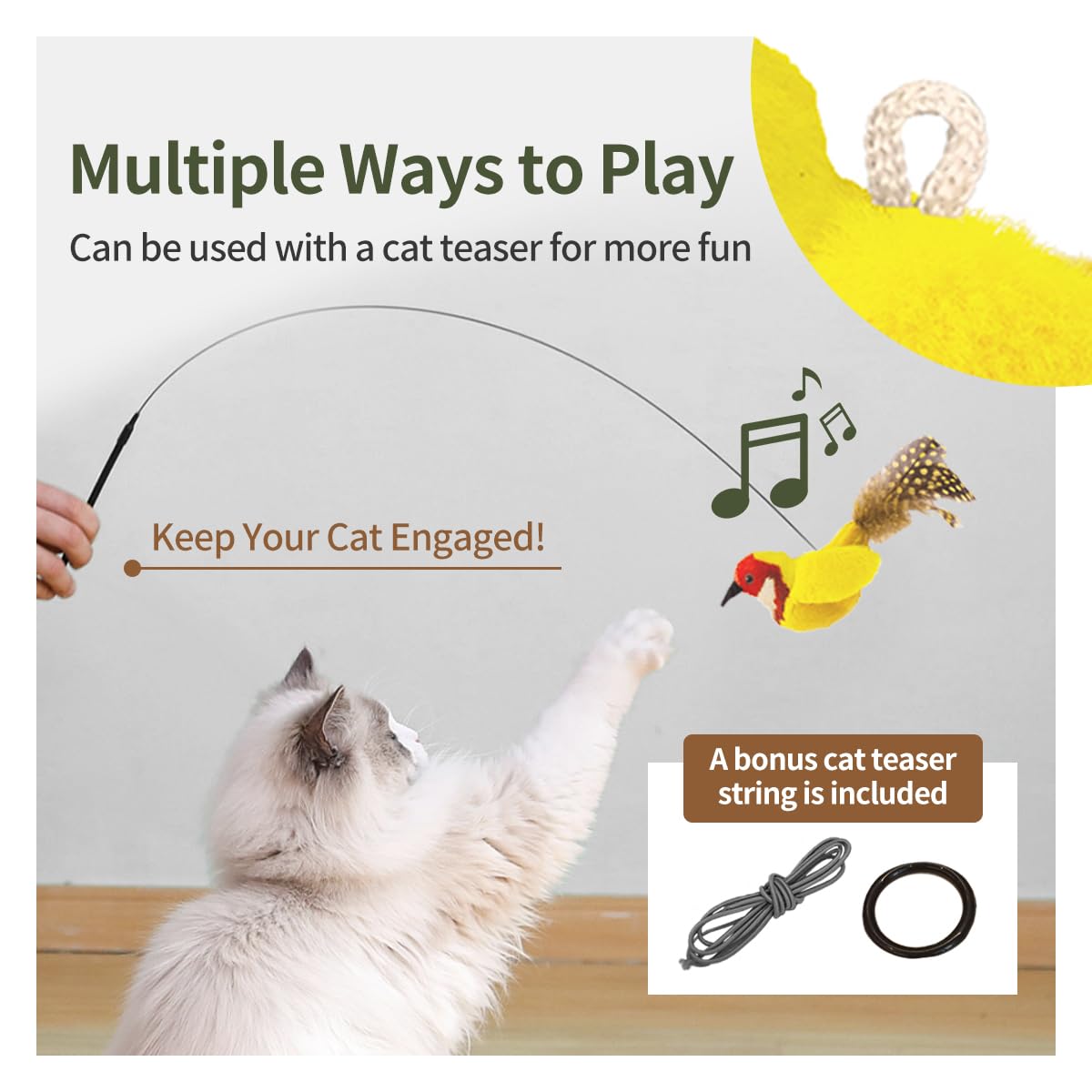 ipawspace juguetes para gatos con menta gatuna, gato jugando con pajaro cantando.