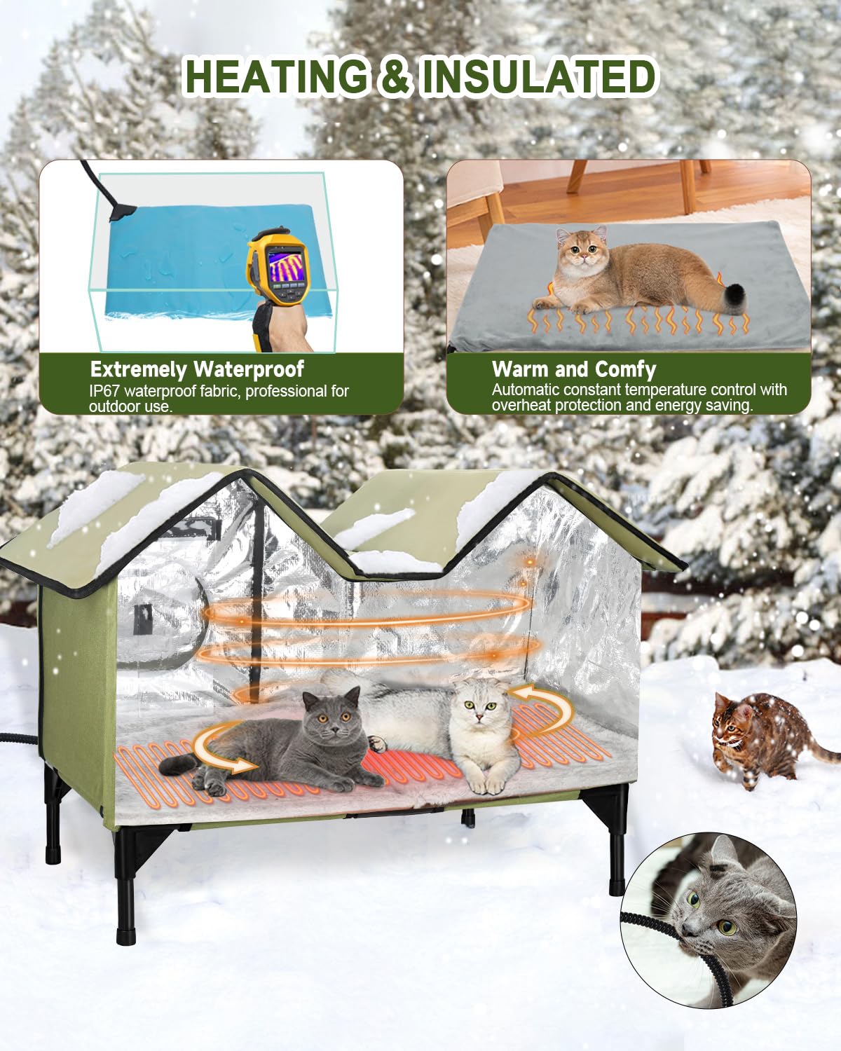 IPEAIN casa gato caliente techo inclinado protege de lluvia y nieve