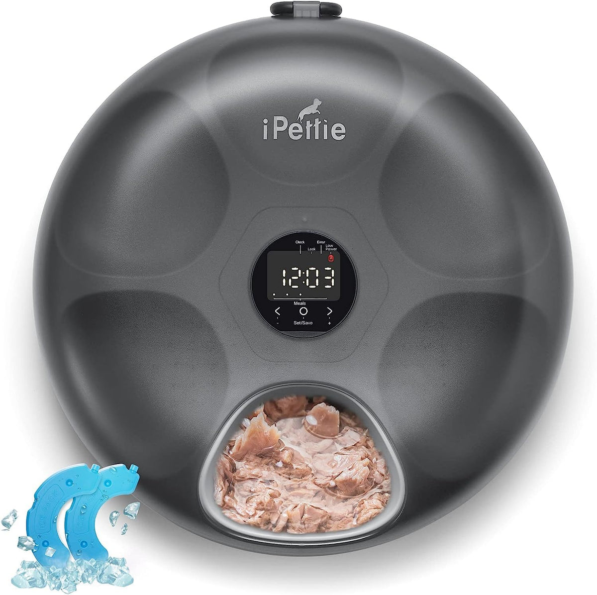 ipettie donut frost alimentador automatico, vista frontal, ideal para horarios controlados del gato