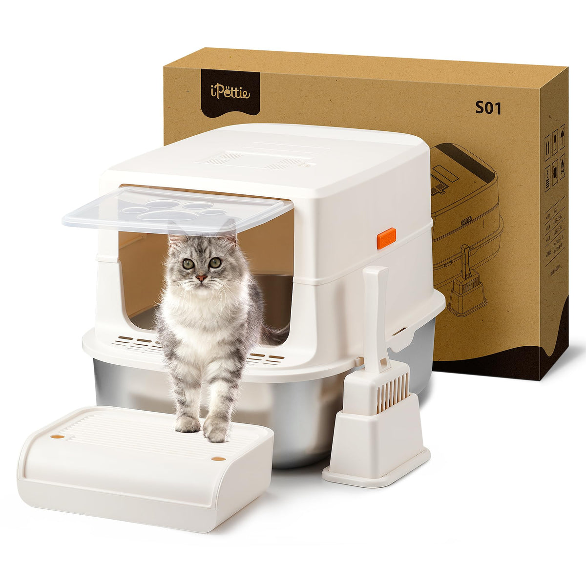 iPettie S01, caja de arena para gatos en acero inoxidable, limpieza rápida y duradera.