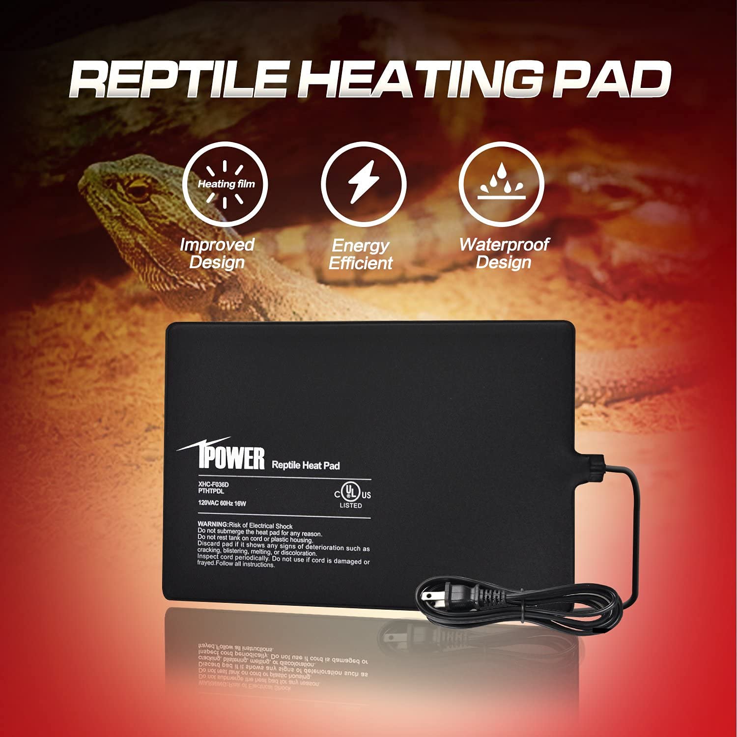iPower Reptile Heat Pad con adhesivo 3M para fijación estable.