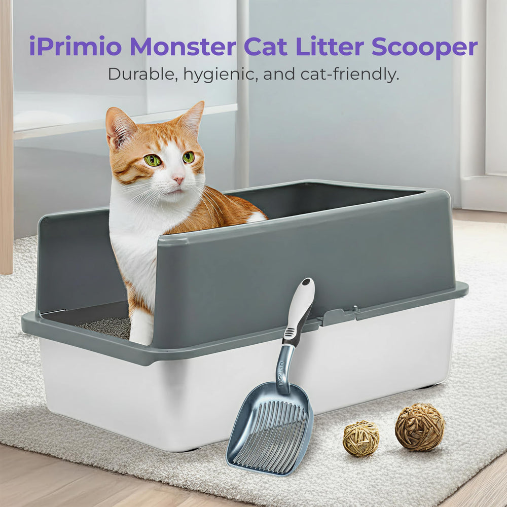 iPrimio Pala profunda para arena de gato, mango ergonómico para uso cómodo.