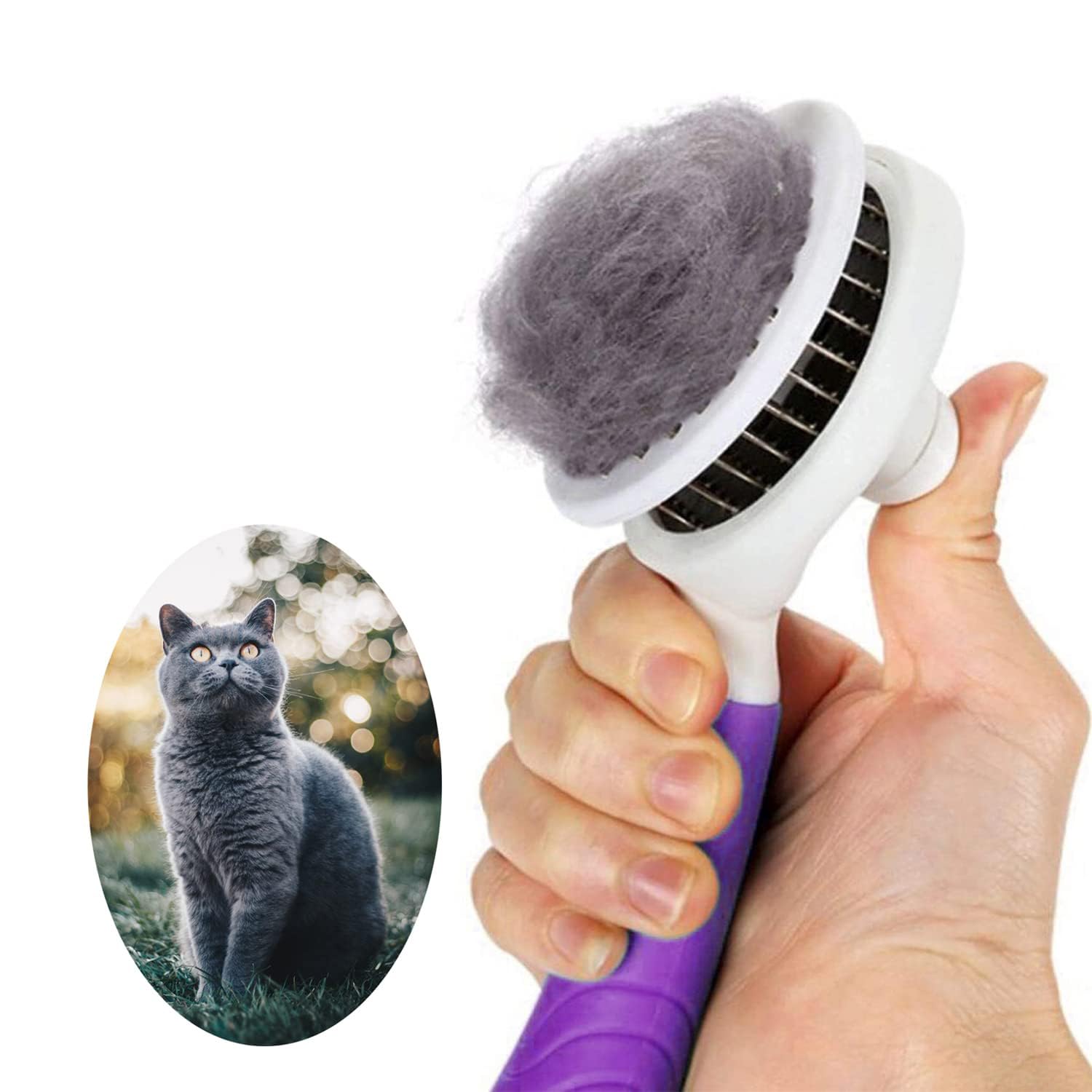 itPlus cepillo autolimpiante para mascotas morado, elimina pelo suelto con facilidad.