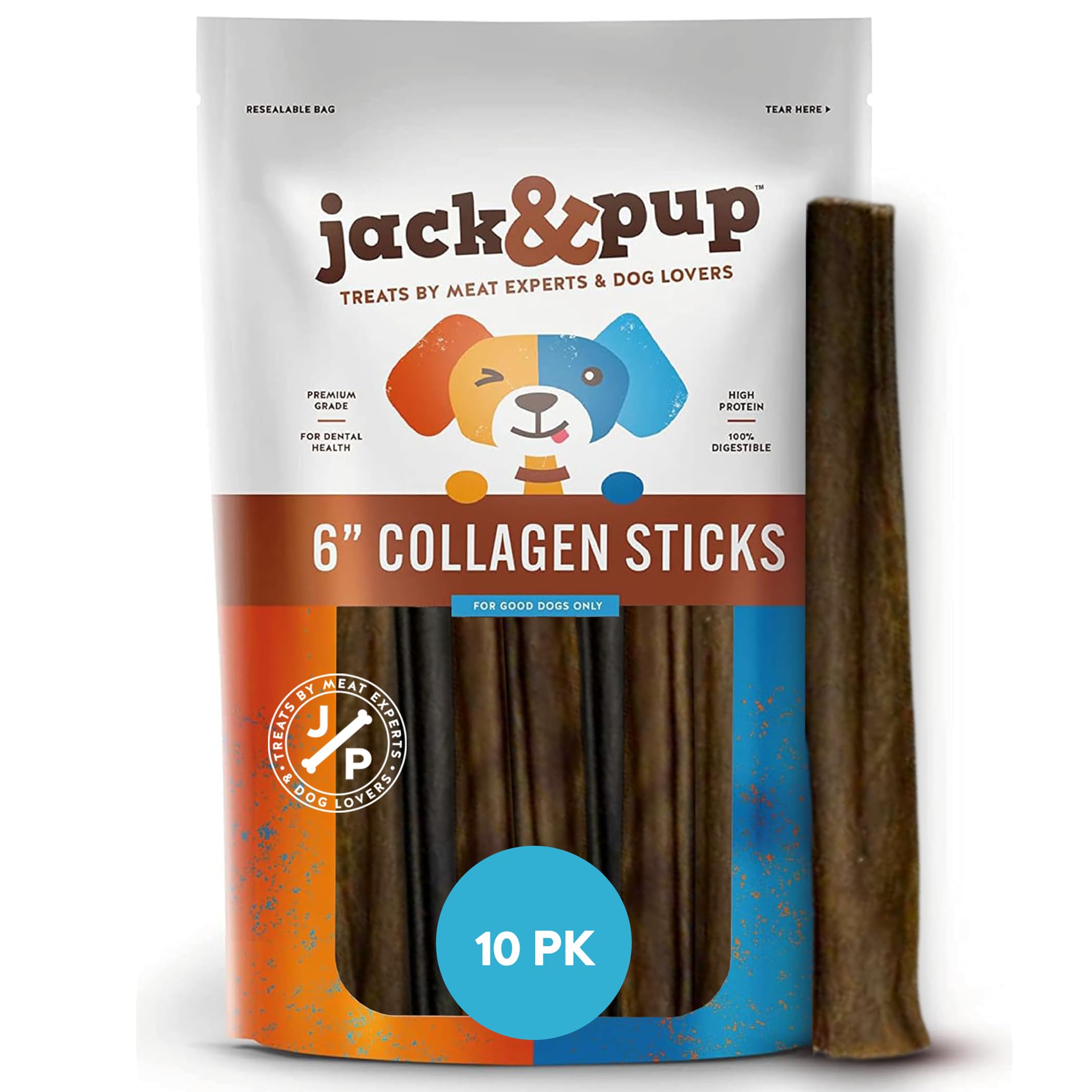 Jack&Pup stick de colágeno 6 pulgadas: empaque de 10 unidades para masticación prolongada.