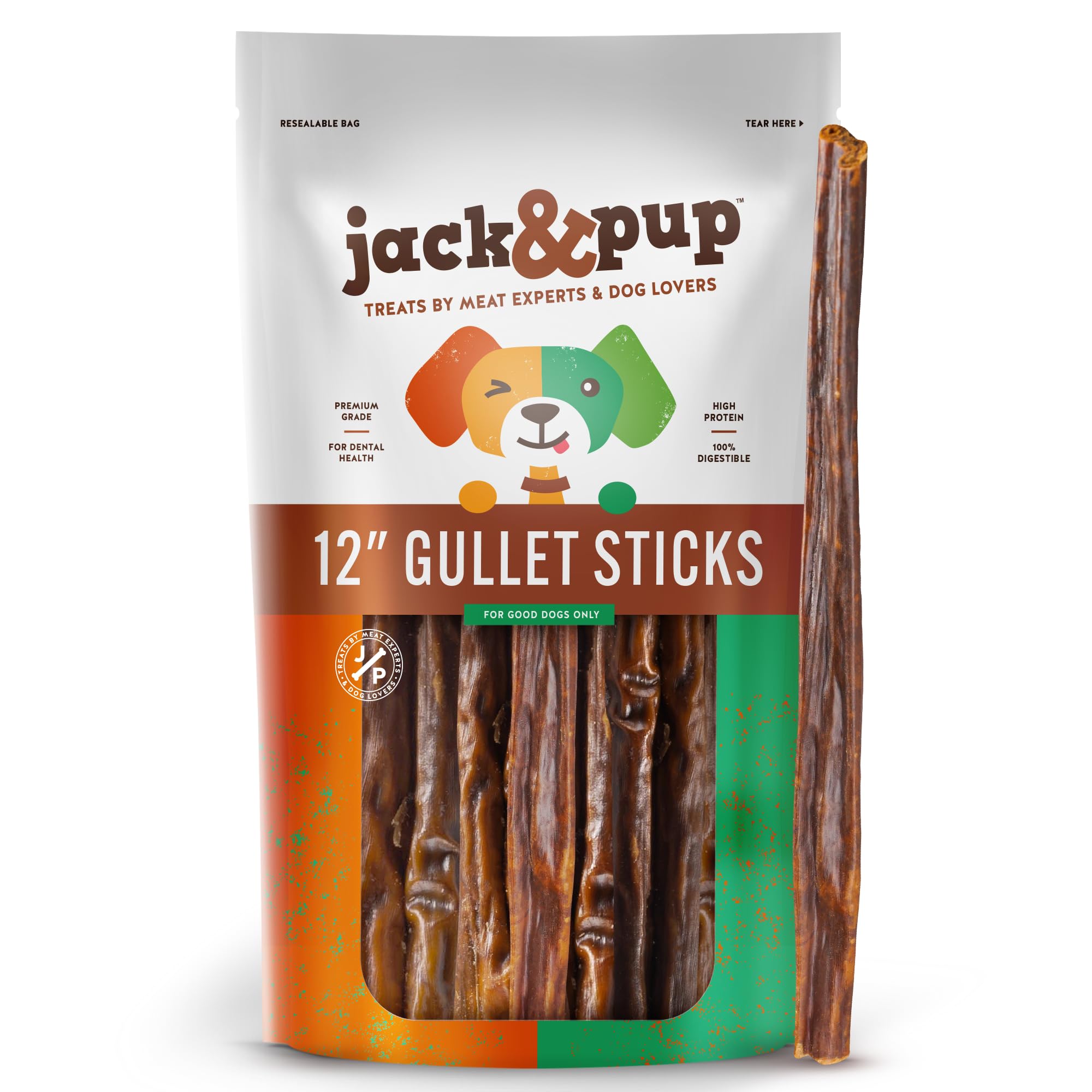 Jack&Pup Gullet Jerky en empaque de 12 pulgadas, para perros pequeños, ideal como snack natural