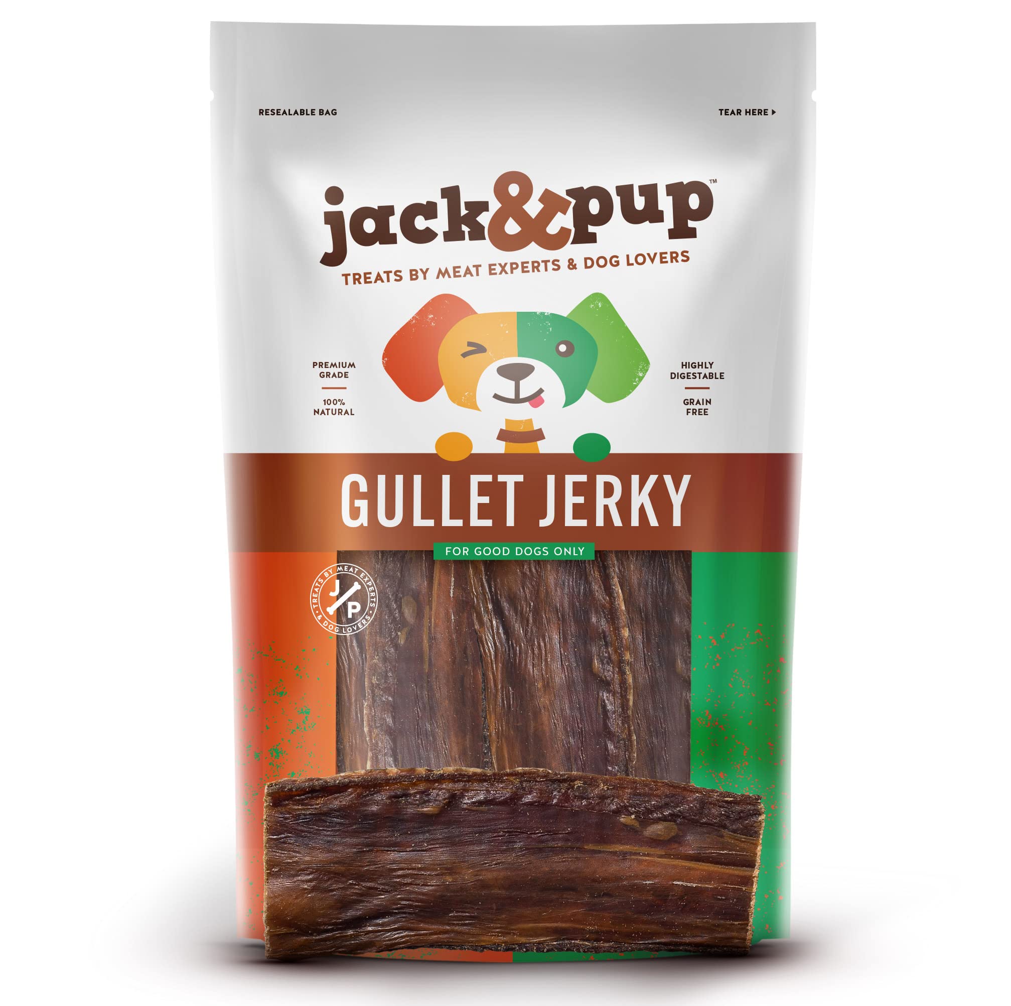 JackPup jerky de esófago de res en empaque, ideal para masticar durante el juego.