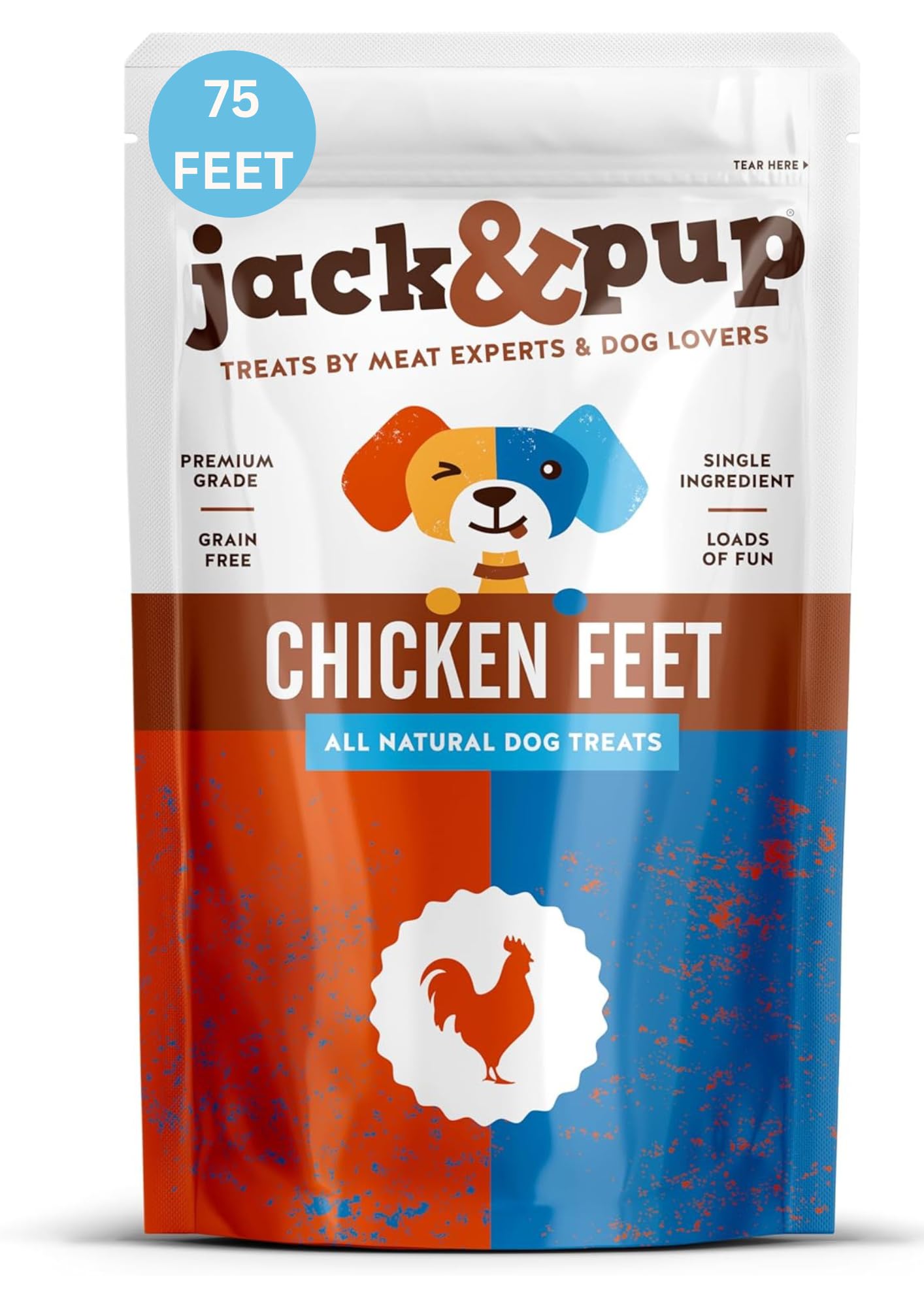 Jack&Pup Patas de Pollo Deshidratadas en empaque práctico para perros.