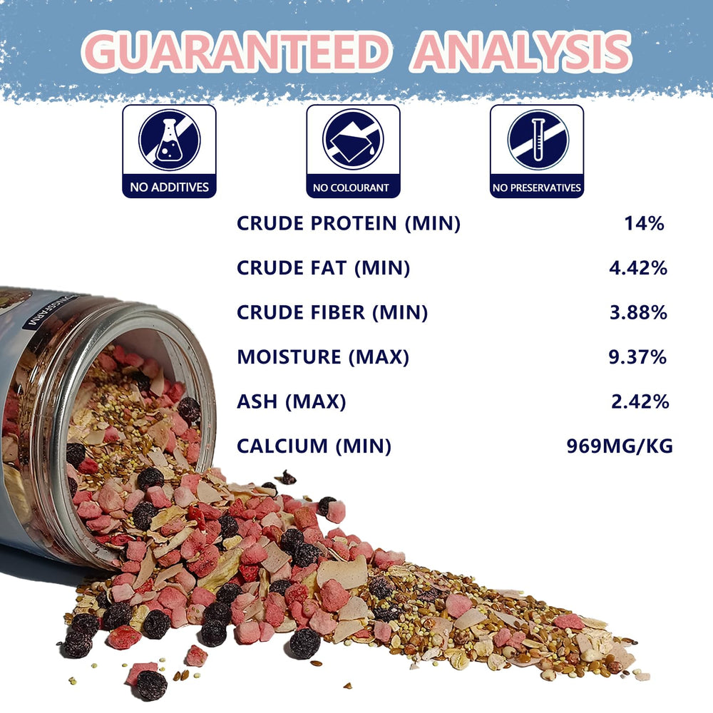 JADINGSFARM Mezcla Buffet Frutal: ingredientes naturales como avena y frutos para palatabilidad.