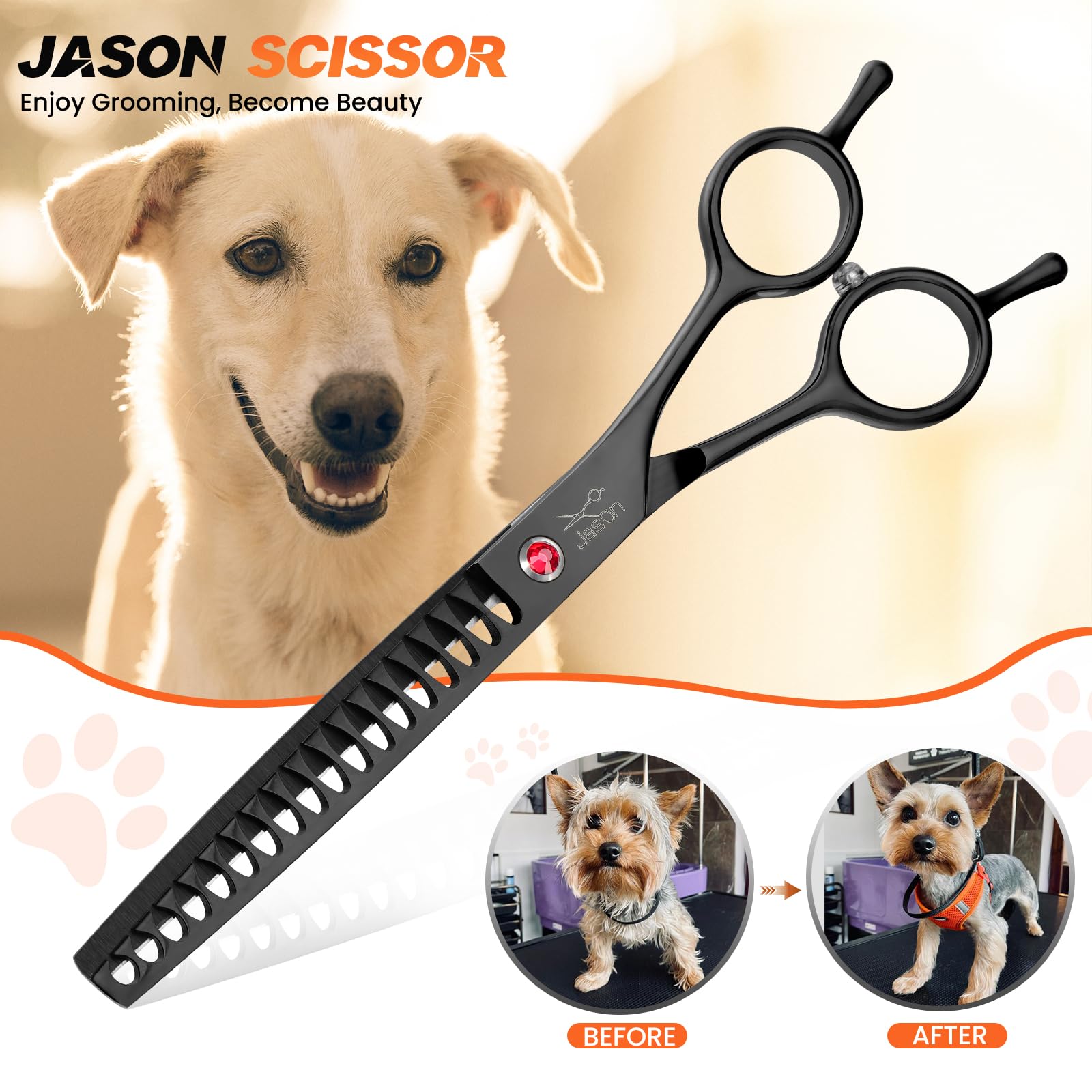 Tijera Jason con agarre ergonómico para uso cómodo en cuidado de mascotas.