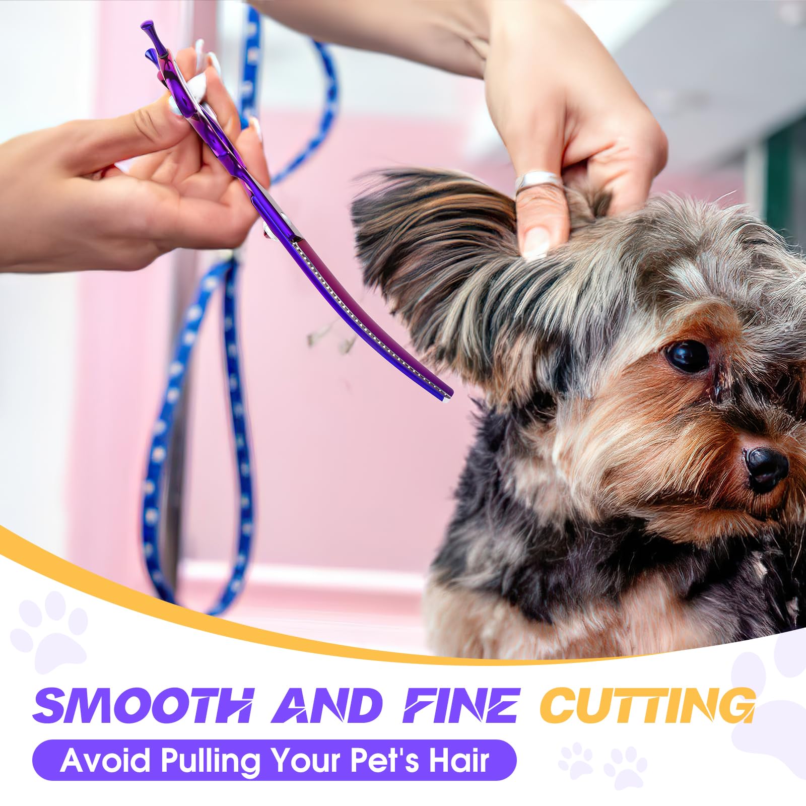 Tijeras de grooming ergonómicas JASON curvas para comodidad y reducción de tensión durante sesiones largas.
