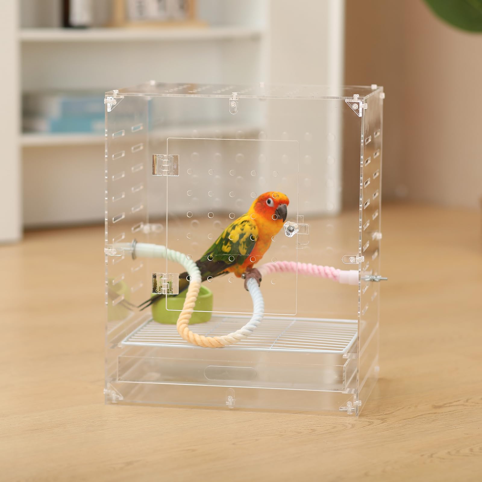 Uso para aves pequeñas con perchas y juguetes