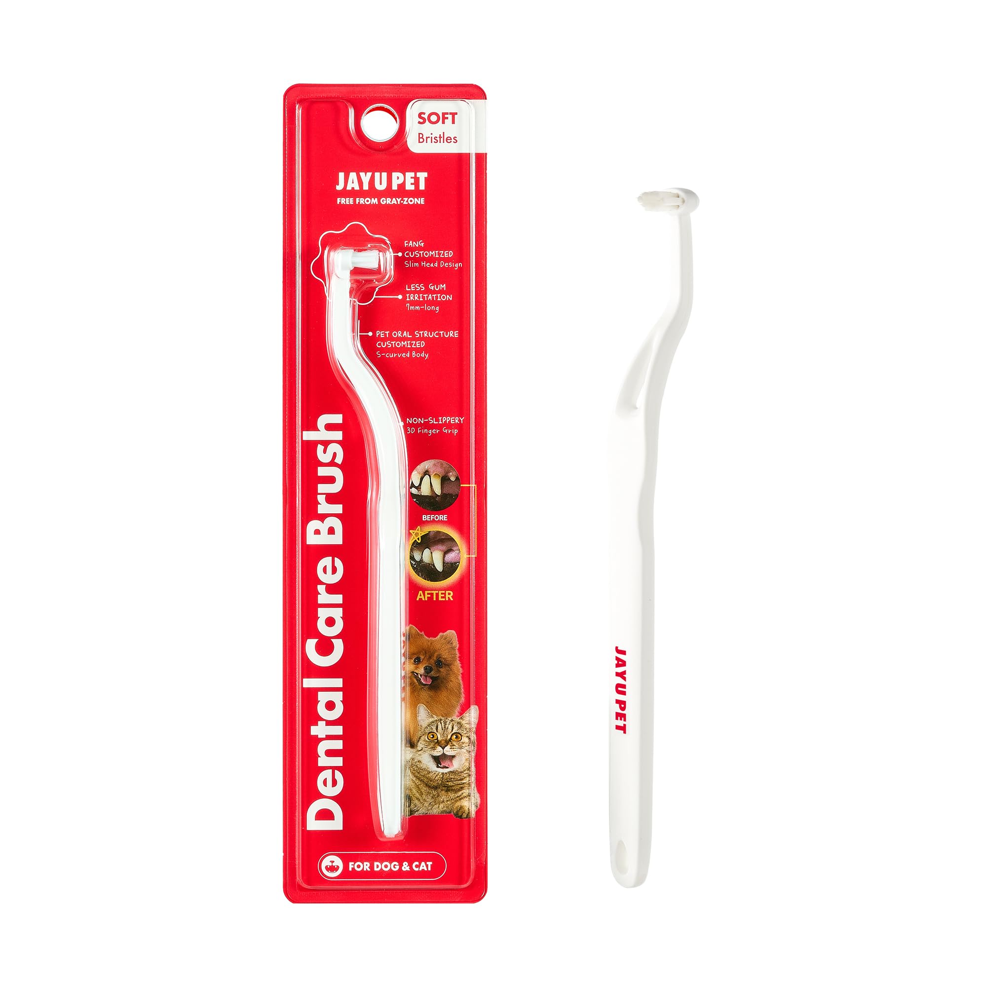 Cepillo dental JAYU PET con cerdas suaves para mascotas sensibles.