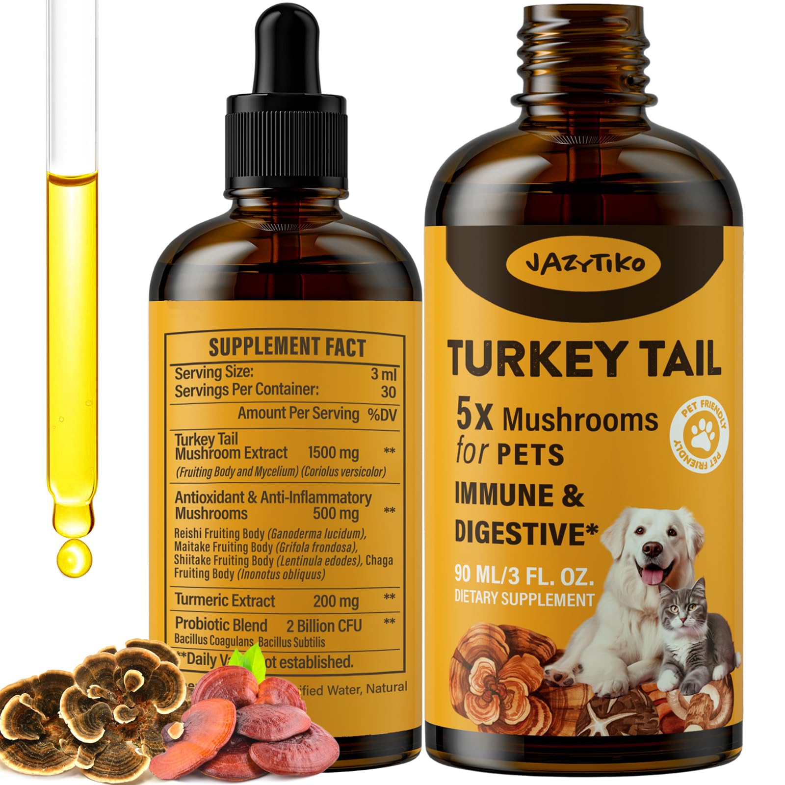 Jazytiko Turkey Tail para perros: frasco con absorción rápida para apoyo inmune.