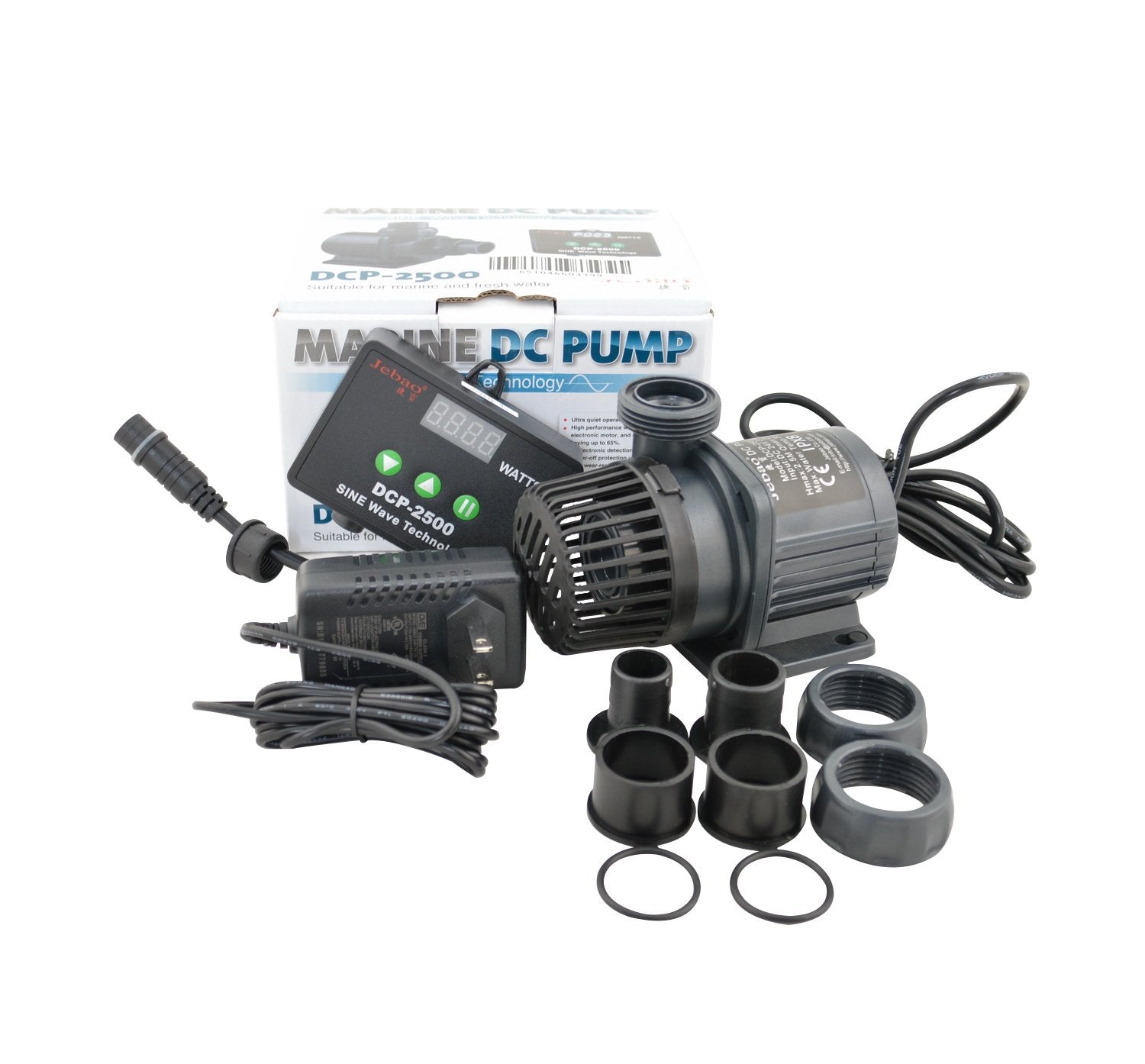 Jebao DCP-2500 bomba de retorno de agua, vista frontal, con flujo estable.