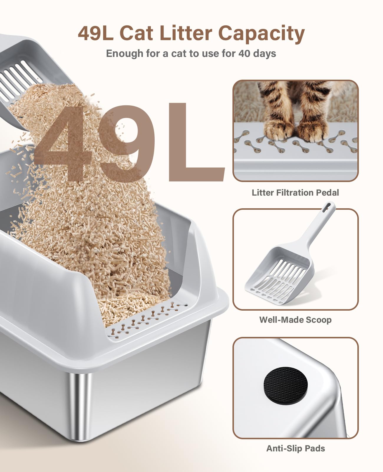 Caja de arena Jecoo XL con cuchara incluida para mantenimiento sencillo.