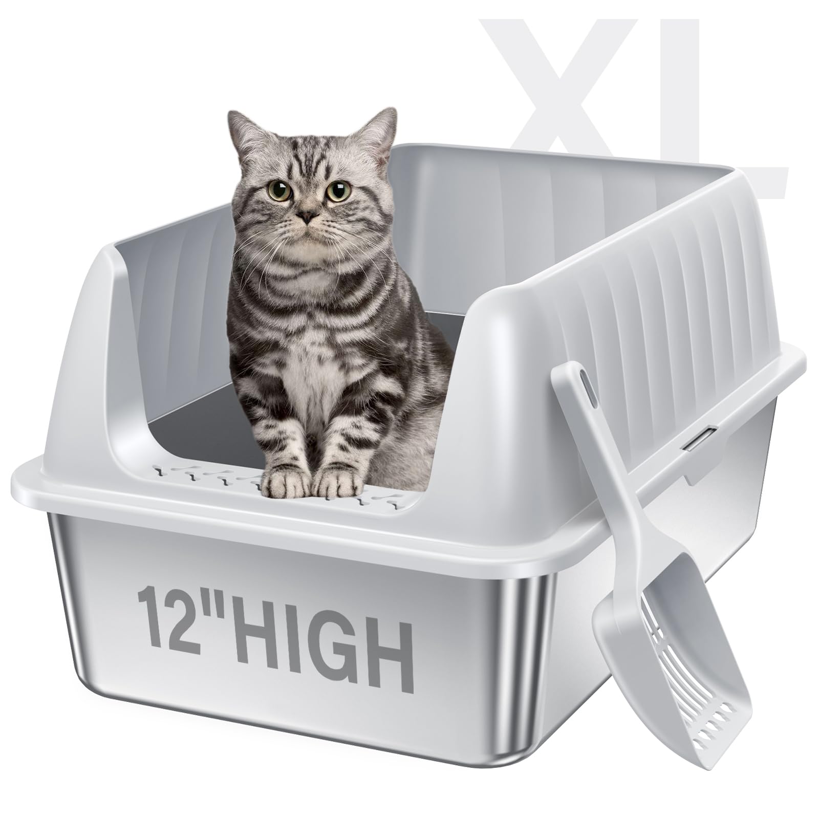 Jecoo arenero XL de acero inoxidable con tapa, ideal para gatos grandes y espacios amplios.