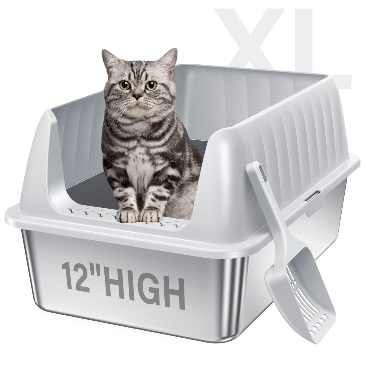 Jecoo arenero XL de acero inoxidable con tapa, ideal para gatos grandes y espacios amplios.