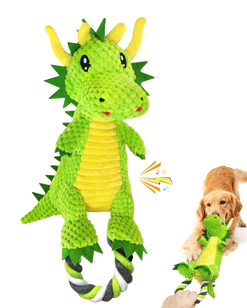 Jeefome juguete interactivo para perros con diseño de dinosaurio, ideal para juego cooperativo.