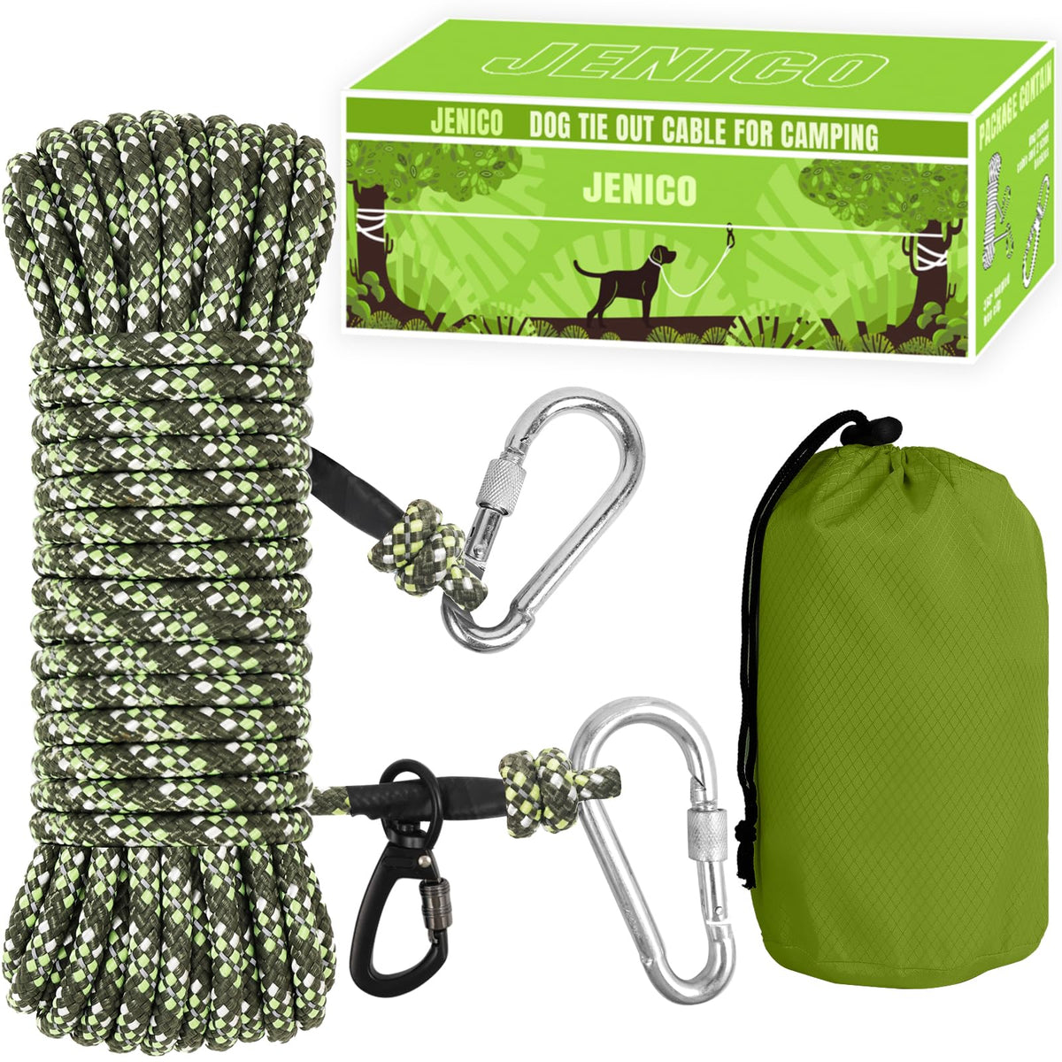 Jenico cable de paseo para perros de 50 pies, ideal para camping y patios amplios.
