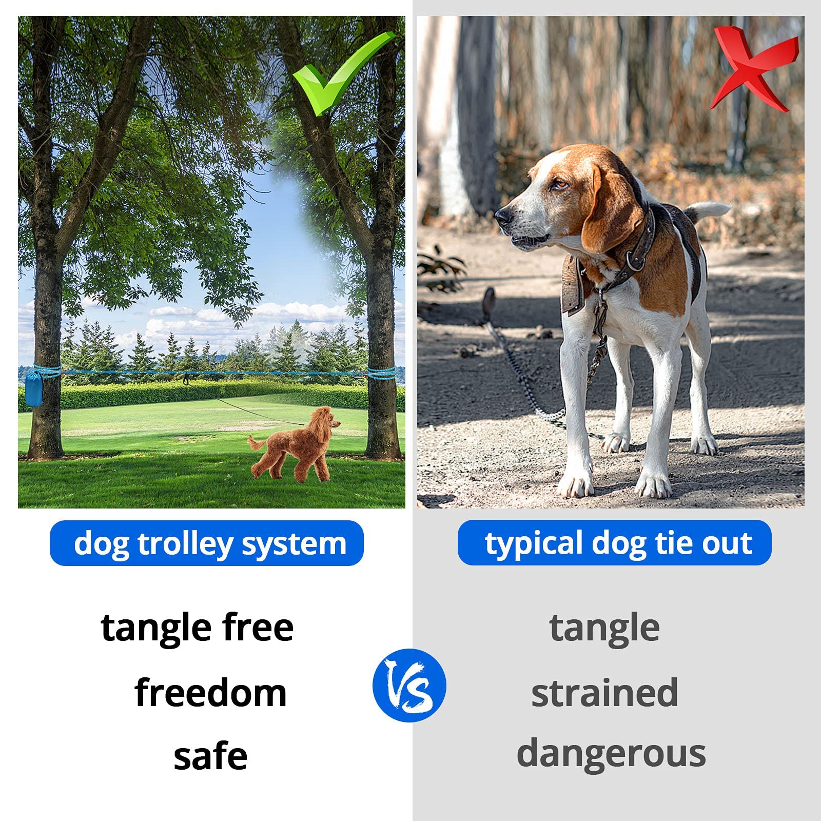 Jenico sistema de tiro para perros, instalación entre árboles en minutos.