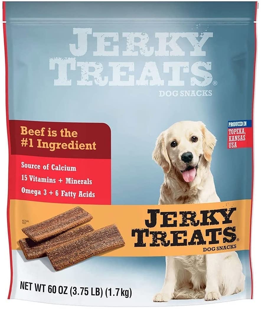 Jerky Treats Tender Strips en empaque frontal, snack saludable para perros.